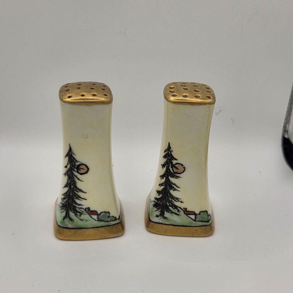 Vintage Asian Porcelain Salt and Pepper Shakers Hand Painted Gold Gilt 1940's